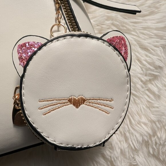 Embroidered Satchel w/ Crossbody Strap & Cat Coin Purse - White Faux Leather - Picture 10 of 12